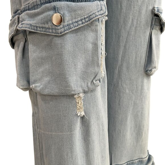 Strapless Denim Cargo Jumpsuit Y2K Edgy Streetwear Utility Baddie Distressed XL - Picture 9 of 12